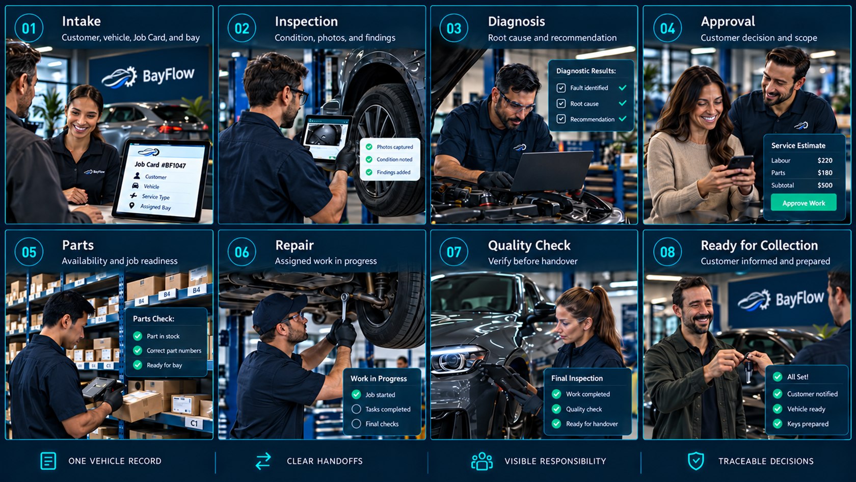 BayFlow workflow showing intake, inspection, diagnosis, approval, parts, repair, quality check, and collection